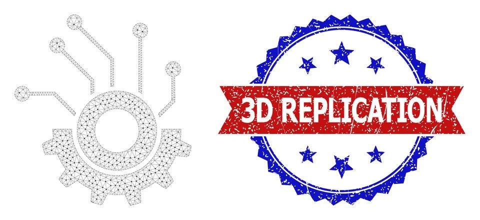 Grunge 3D Replication Round Rosette Bicolor Seal and Mesh 2D Gear Electronics Illustrazione stock
