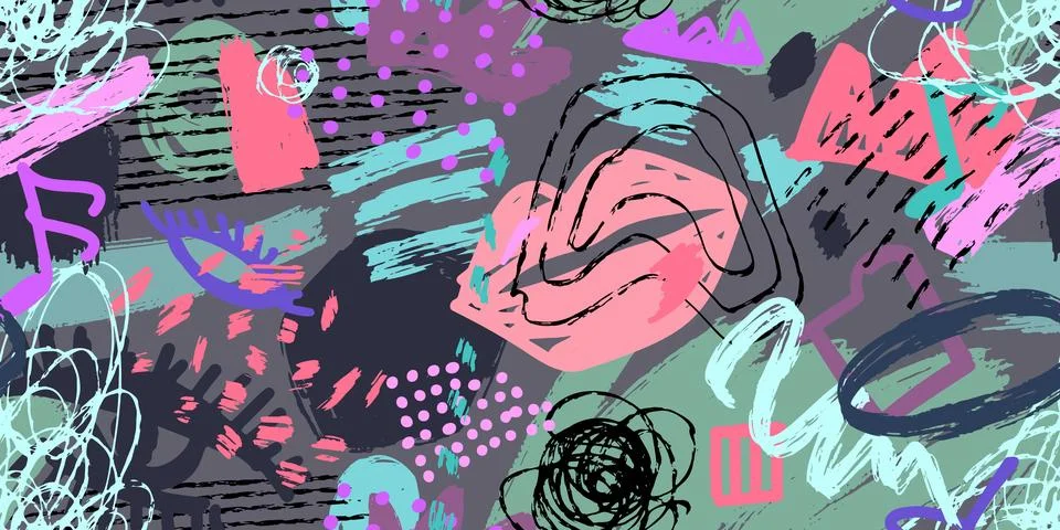 Grunge abstract pattern with scrawls, paint strokes and drawn objects. Colo.. Illustrazione stock