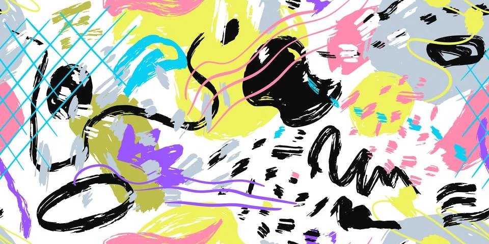 Grunge abstract pattern with scrawls, paint strokes and hand-drawn objects... Stock Illustration