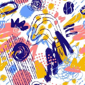 Grunge abstract pattern with scrawls, paint strokes and hand-drawn objects. C Stock Illustration