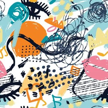 Grunge abstract pattern with scrawls, paint strokes and drawn objects. Colorf Stock Illustration
