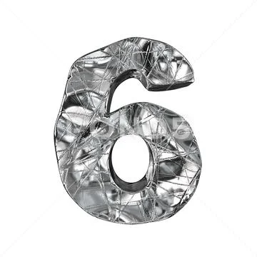 Grunge aluminium foil font number 6 SIX 3D Stock Illustration