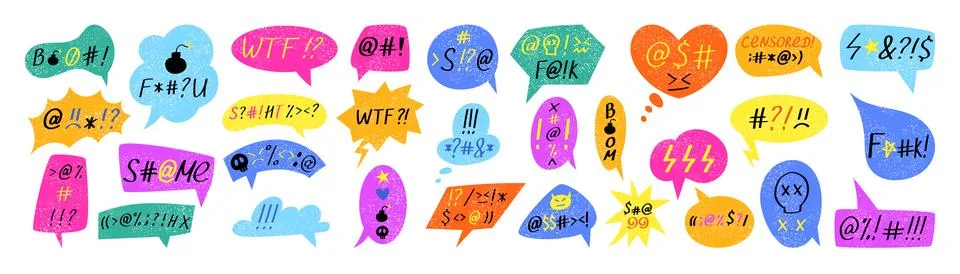 Grunge angry bubble. Speech boxes different forms and colors, swear mad, rude Stock Illustration