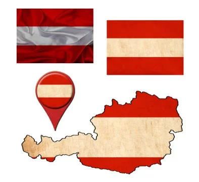 Grunge austria flag, map and map pointers 스톡 일러스트