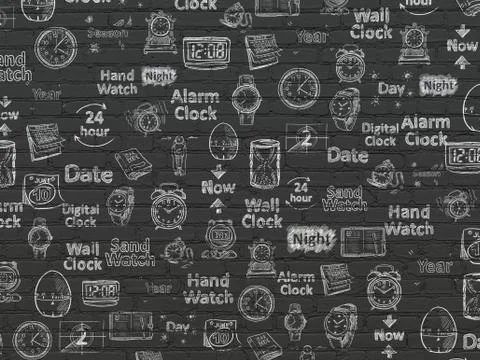 Grunge background: Black Brick wall texture with  Hand Drawing Time Icons Ilustración de archivo