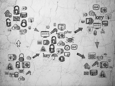 Grunge background:  wall texture with  Hand Drawn Security Icons Stock-Illustration