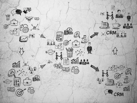 Grunge background:  wall texture with  Hand Drawn Business Icons Ilustración de archivo