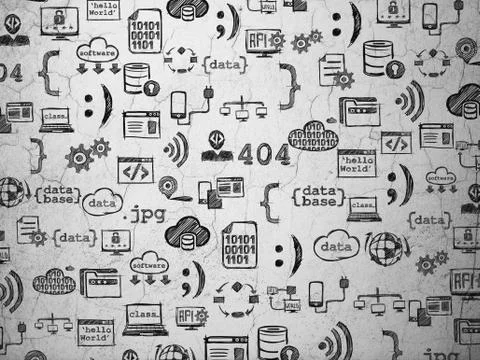 Grunge background:  wall texture with  Hand Drawn Programming Icons Illustrazione stock