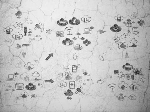 Grunge background:  wall texture with Painted Hand Drawn Cloud Technology Icons 스톡 일러스트