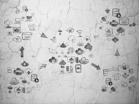 Grunge background:  wall texture with Painted Hand Drawn Cloud Technology Icons 스톡 일러스트