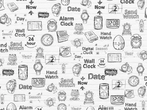 Grunge background: White Brick wall texture with  Hand Drawing Time Icons Ilustración de archivo