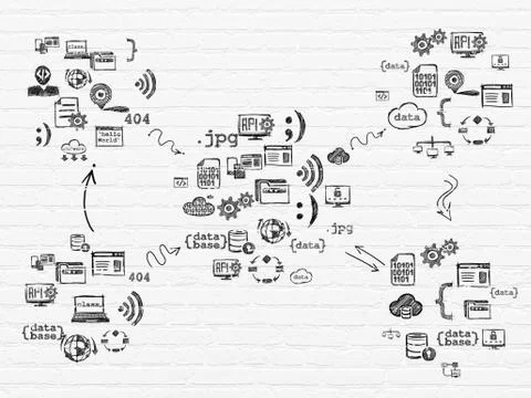 Grunge background: White Brick wall texture with  Hand Drawn Programming Icons イラスト素材