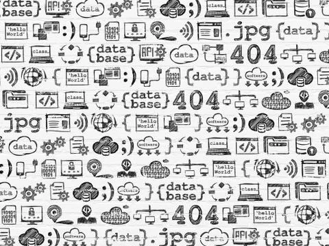Grunge background: White Brick wall texture with  Hand Drawn Programming Icons Illustration