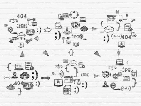 Grunge background: White Brick wall texture with  Hand Drawn Programming Icons Illustration