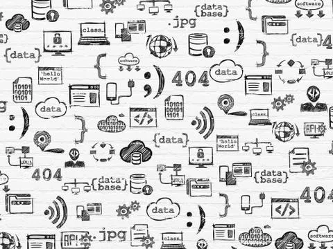 Grunge background: White Brick wall texture with  Hand Drawn Programming Icons Stockillustratie