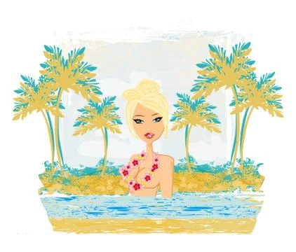 Grunge banner with palm trees and sexy girl Stock Illustration