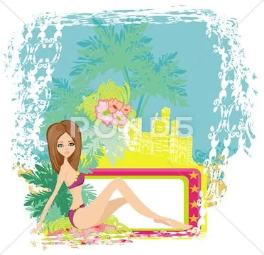 Grunge banner with palm trees and sexy girl Stock Illustration