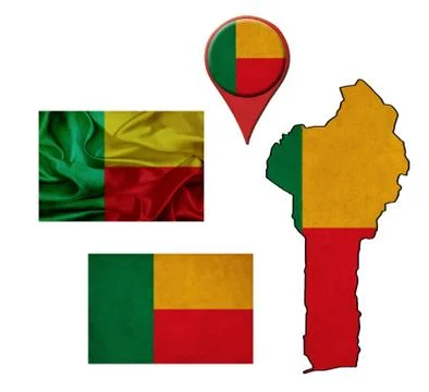 Grunge benin flag, map and map pointers Stock Illustration