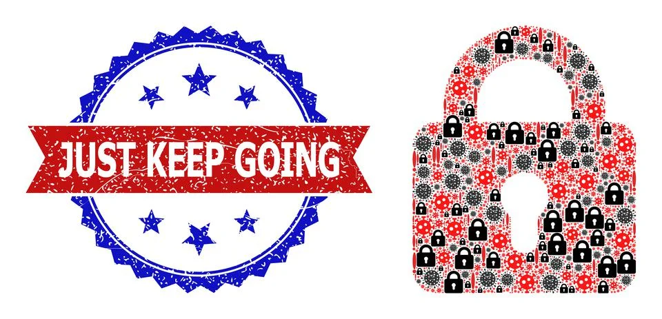 Grunge Bicolor Just Keep Going Watermark and Virus Mosaic Lock Icon Stock Illustration
