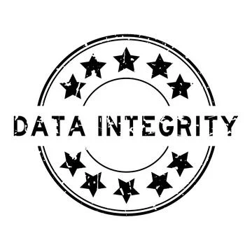 Grunge black data integrity word with star icon round rubber seal stamp on wh Stock Illustration