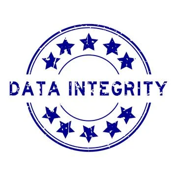Grunge blue data integrity word with star icon round rubber seal stamp on whi 스톡 일러스트