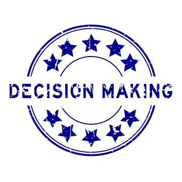 Grunge blue decision making word with star icon round rubber seal stamp on wh Stock Illustration