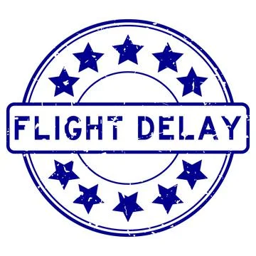 Grunge blue flight delay word with star icon round rubber seal stamp on white Stock Illustration