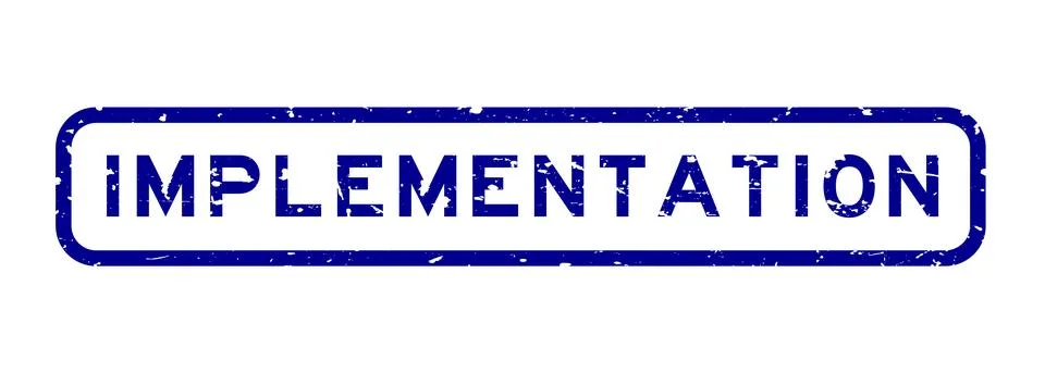 Grunge blue implementation word square rubber seal stamp on white background Stock Illustration