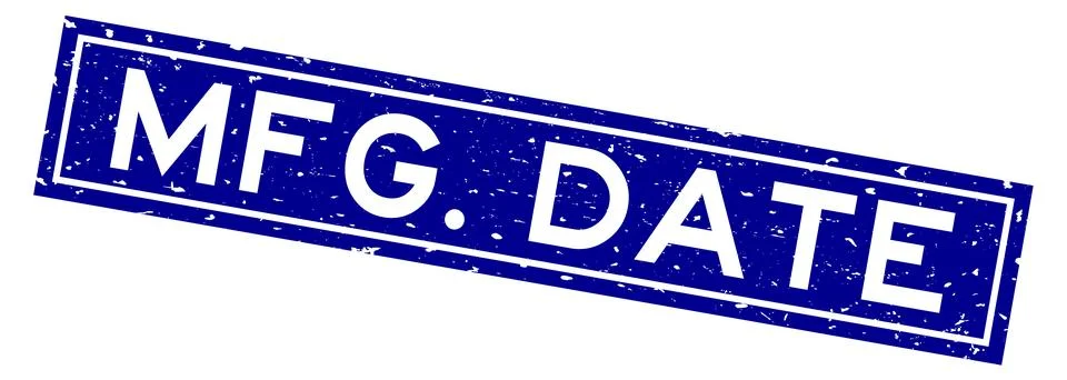 Grunge blue mfg. date word square rubber seal stamp on white background Stock-Illustration