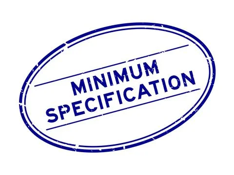 Grunge blue minimum specification word oval rubber seal stamp on white back.. Illustrazione stock