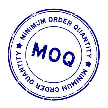 Grunge blue MOQ Minimum Order Quantity word round rubber seal stamp on white  Stock Illustration