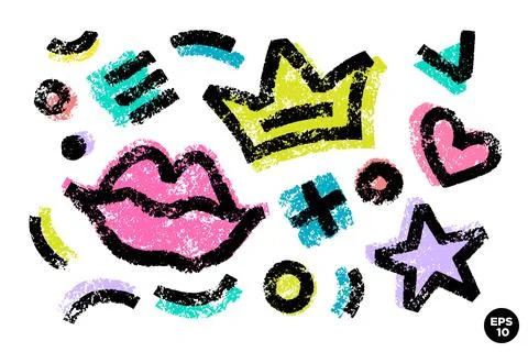 Grunge bold element set with lines, circles, crown, lips, heart, plus sign, s Stock Illustration