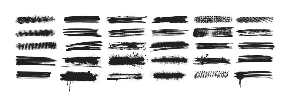 Grunge border ink splatter vector black stain set, brush stroke paint kit Stock Illustration