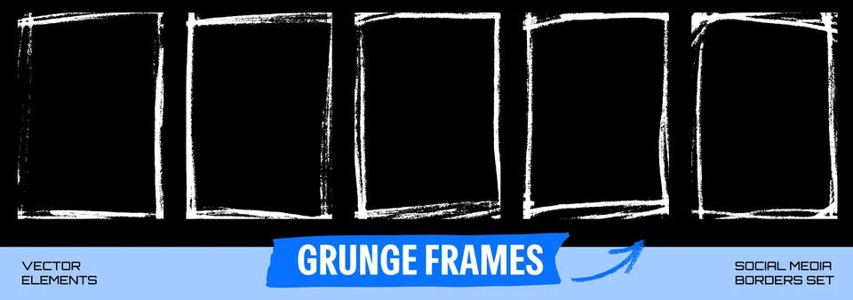 Grunge border set with five vertical rectangles and chalk strokes. White grunge Stock Illustration