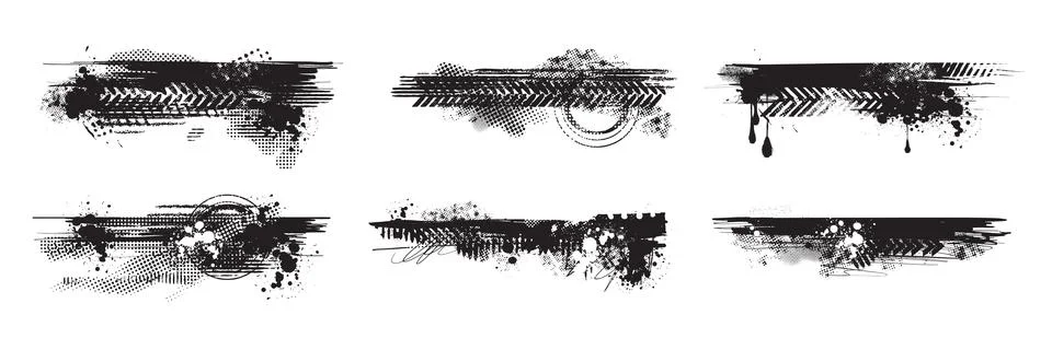 Grunge border set, vector black ink splatter stain, paint brush stroke kit Stock Illustration