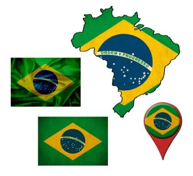 Grunge brazi flag, map and map pointers Stock Illustration