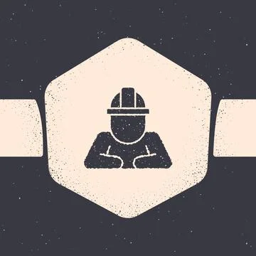 Grunge Builder icon isolated on grey background. Construction worker. Monochrome Stock Illustration