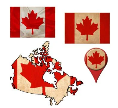 Grunge canada flag, map and map pointers 스톡 일러스트