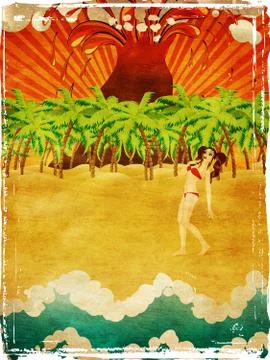 Grunge cartoon volcano island and girl Stock Illustration