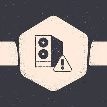 Grunge Case of computer with exclamation mark icon isolated on grey background Illustrazione stock