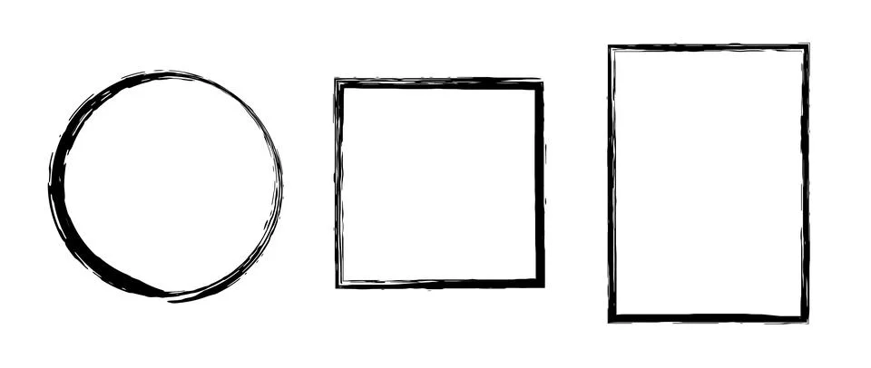 Grunge circle, square, rectangle frame set. Round and rectangular paint brush 스톡 일러스트