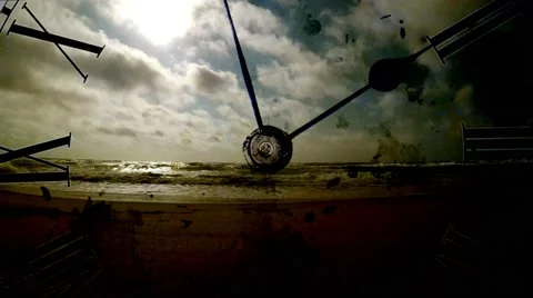 Grunge clock and clouds and sea. time lapse Stock Footage 62708296
