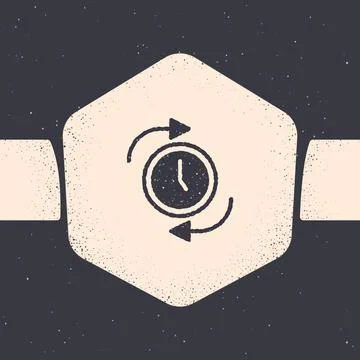 Grunge Clock with arrow icon isolated on grey background. Time symbol. Clockwise Stock Illustration