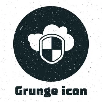 Grunge Cloud and shield icon isolated on white background. Cloud storage data Illustrazione stock