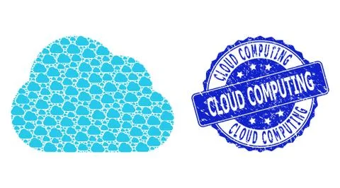 Grunge Cloud Computing Round Seal Stamp and Fractal Cloud Icon Mosaic 스톡 일러스트