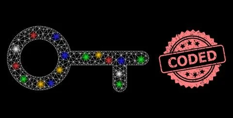 Grunge Coded Stamp and Mesh Key with Light Spots Illustrazione stock