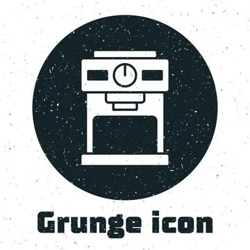 Grunge Coffee machine icon isolated on white background. Monochrome vintage d Stock Illustration