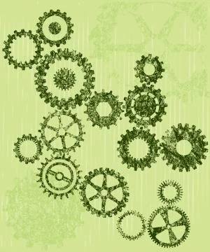Grunge cogs and gears on a green background Illustration
