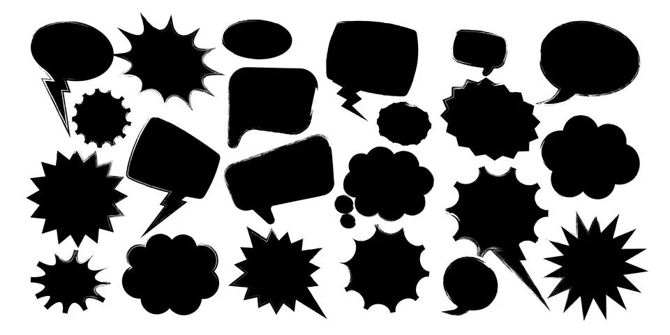 Grunge comic speech bubbles with brush strokes, ink smudges, acrylic stains or Stock Illustration