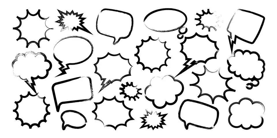 Grunge comic speech bubbles with brush strokes, ink smudges, acrylic stains or Stock Illustration